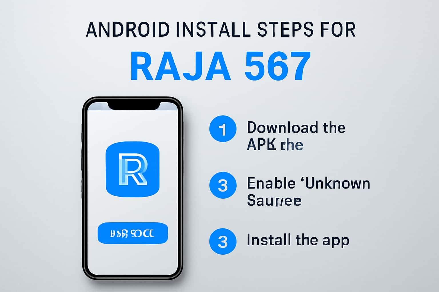 A visual guide illustrating the installation steps for the Raja 567 app on an Android device.